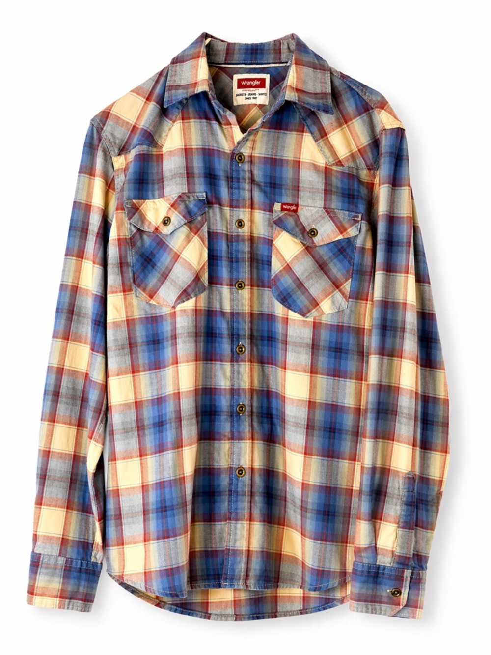 Wrangler Plaid Western Shirt Men’s Medium Blue Red Pearl Snap EUC